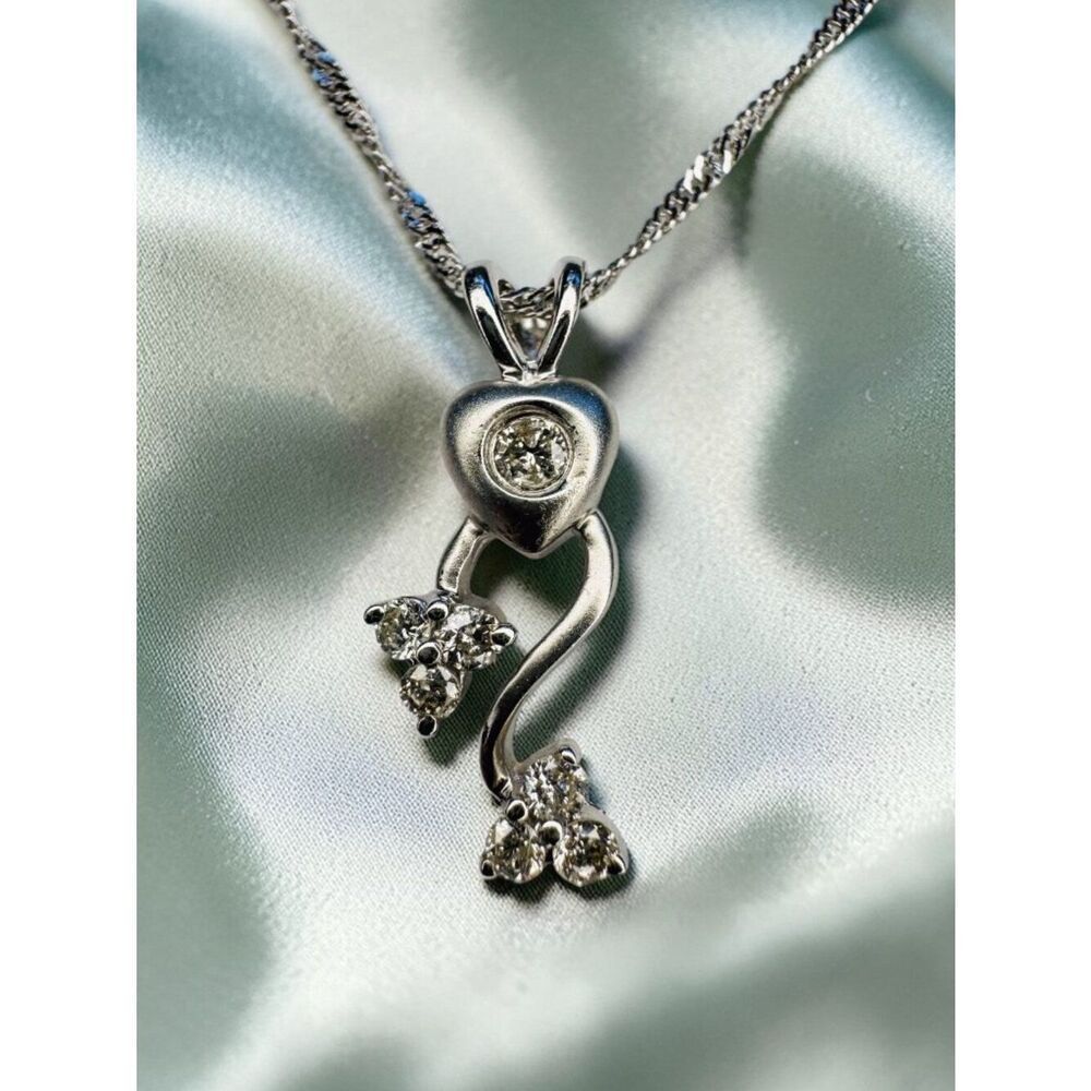 14K White Gold Natural Diamond Heart Necklace -16" Fine Diamond Necklace -2.1g